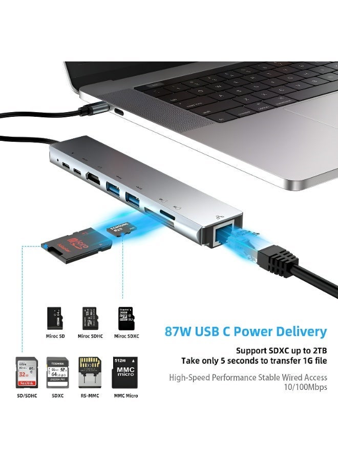 محطة إرساء عالمية 8 في 1 مع منفذ HDMI، شحن سريع PD، منفذ إيثرنت، وفتحات قارئ بطاقات SD/TF، متوافقة مع أجهزة لابتوب USB-C مثل أجهزة آبل وغيرها من الأجهزة ذات منفذ Type-C - Image 2